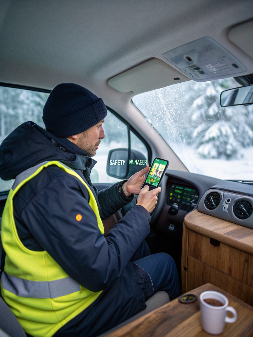 현장에서 스마트폰으로 실시간 모니터링을 진행하는 안전 관리자